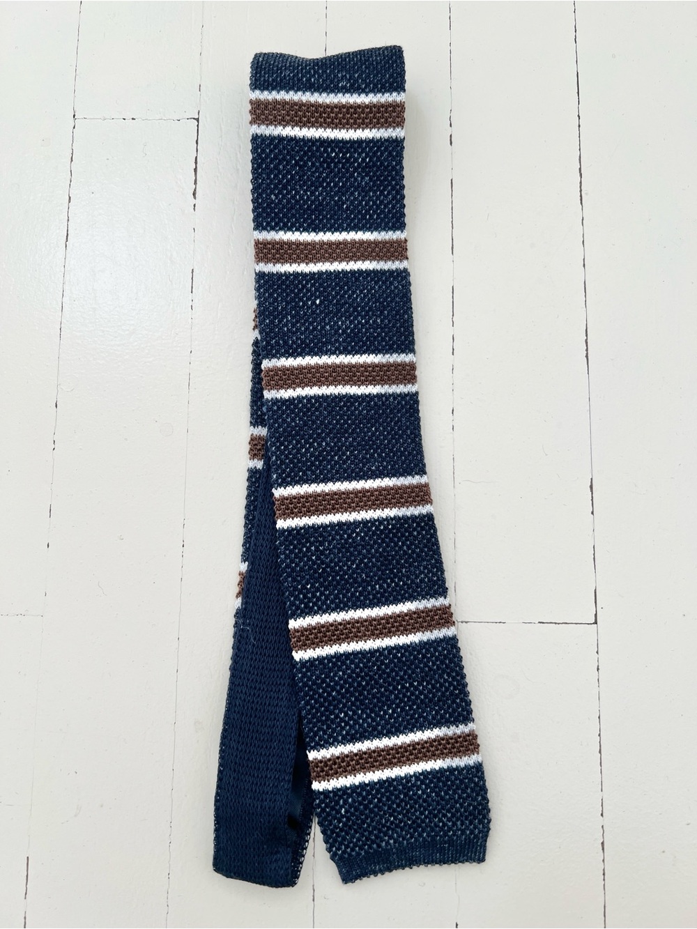 Suitsupply Navy Knit Tie with Brown and White Stripes
